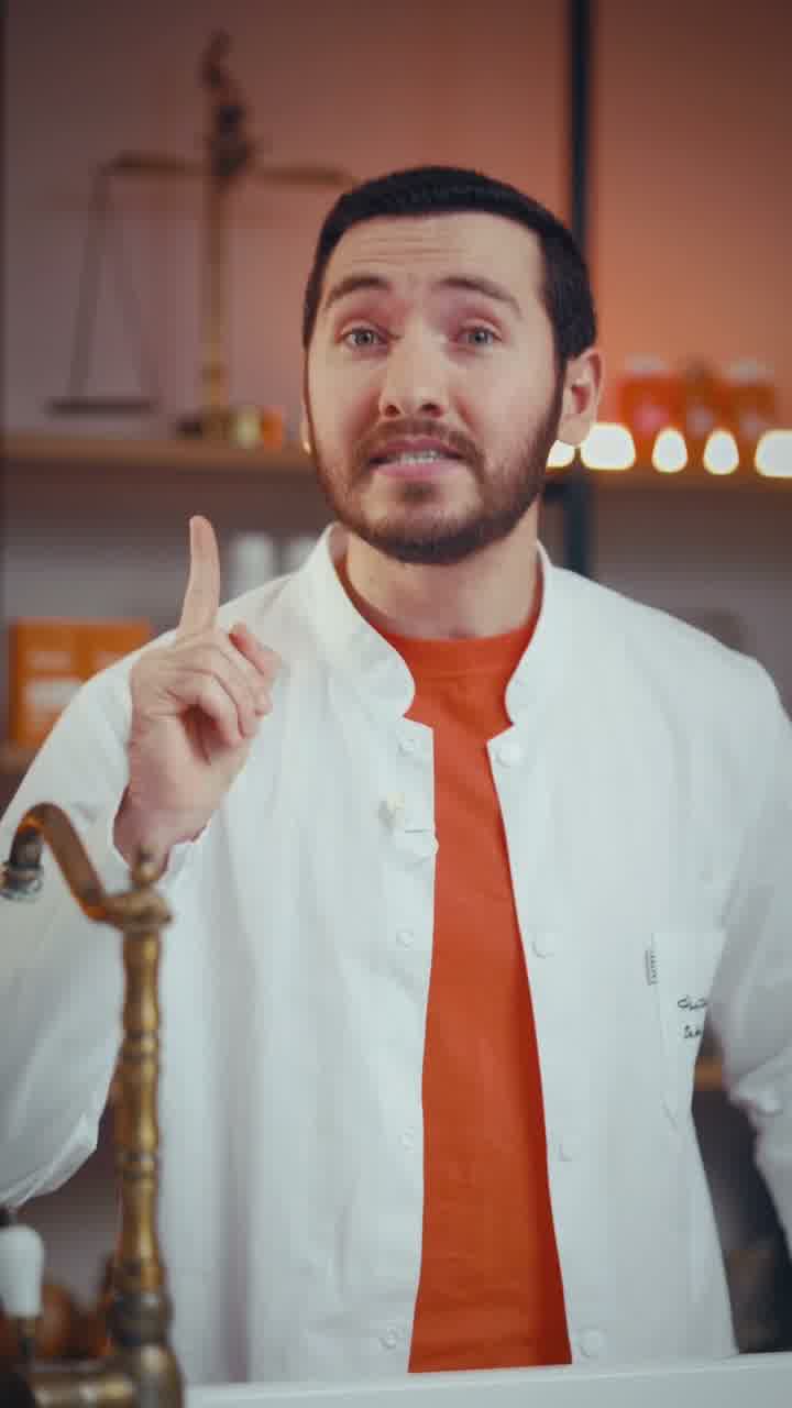 A man in a white coat over an orange t-shirt raising one finger, in the same warm-lit pharmacy set.
