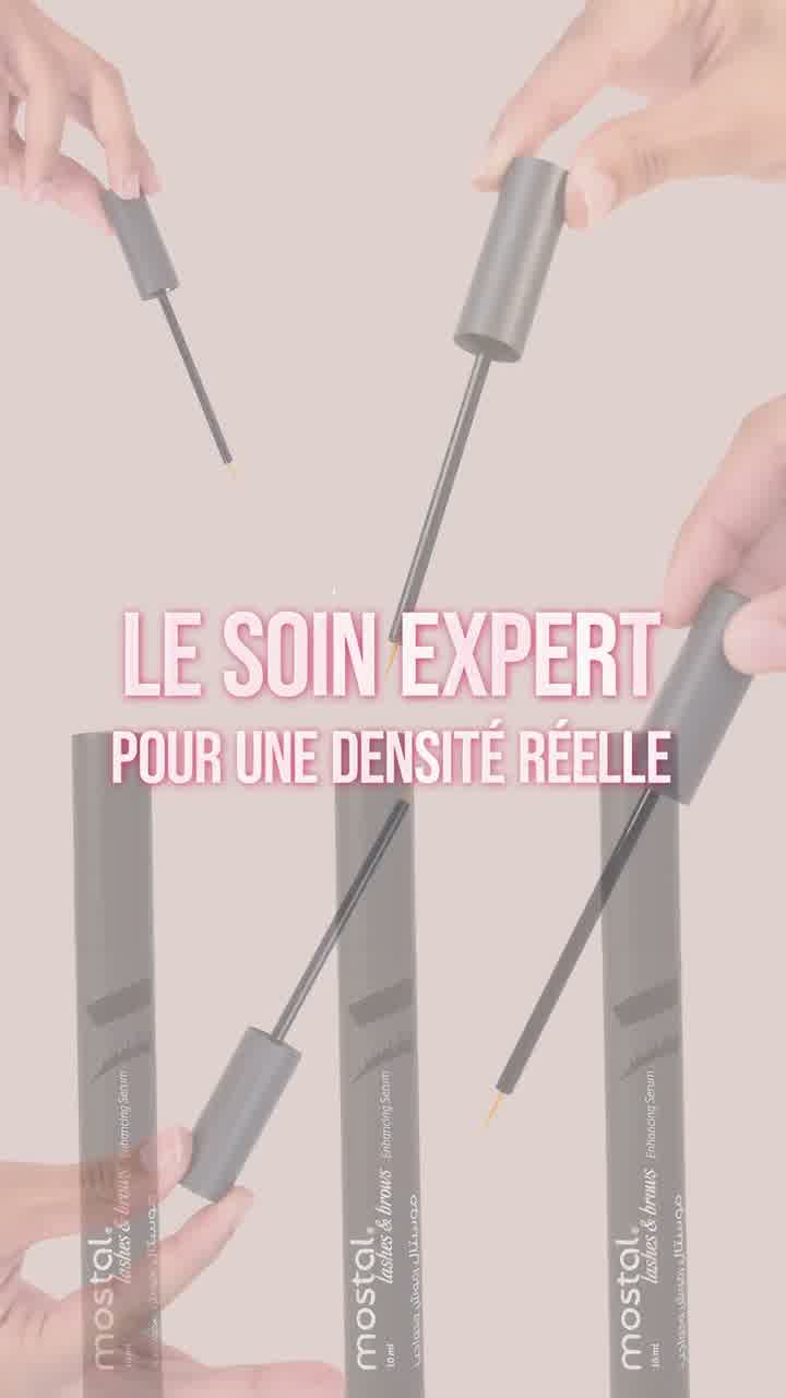 Three slim applicator pens held up against a pink background, with the line “le soin expert pour une densité réelle”.