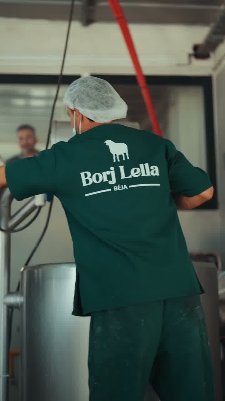 A worker in a hairnet and a green Borj Lella Béja polo shirt, seen from behind among stainless steel tanks and pipework.