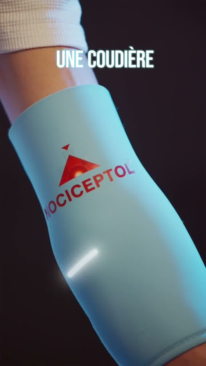 A pale blue Nociceptol elbow support worn on a forearm, with the line “une coudière” above it.