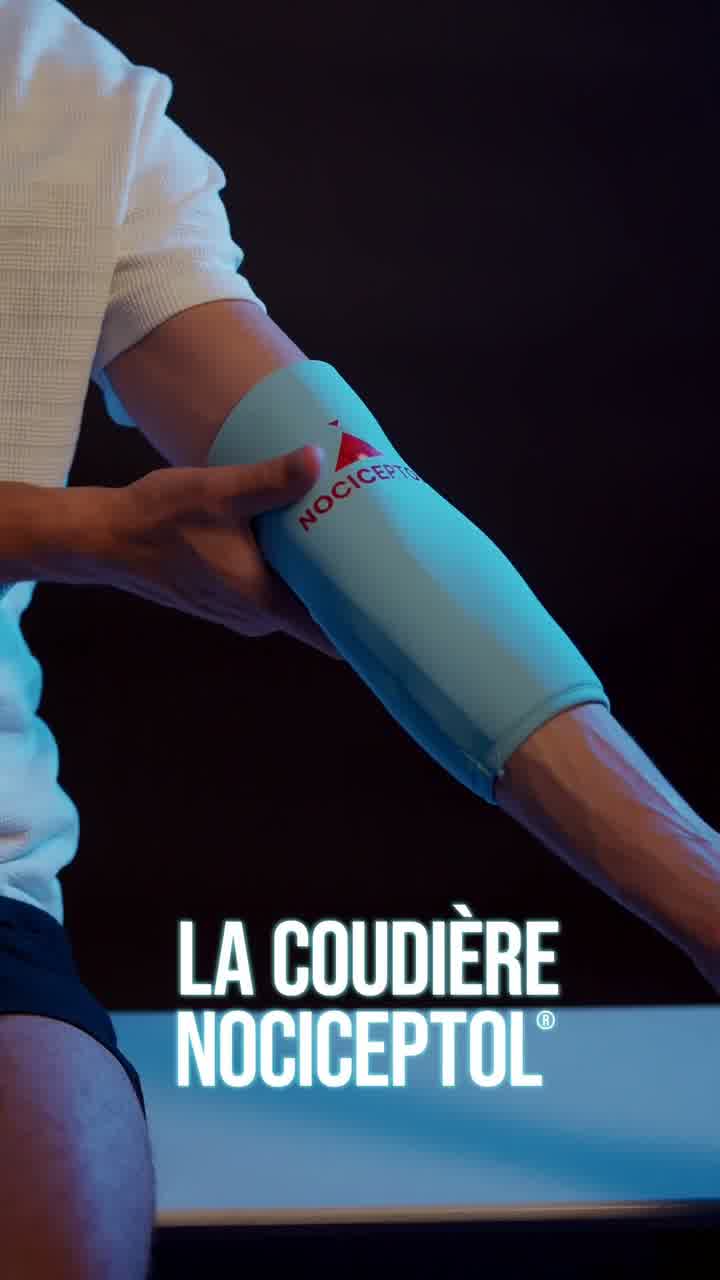 A bent arm wearing a pale blue Nociceptol elbow support, captioned “la coudière Nociceptol”.