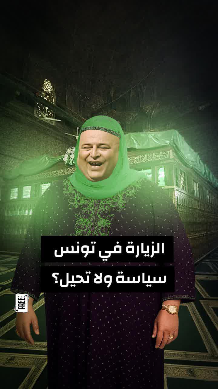 A woman in a green headscarf in front of a lit shrine interior, with an Arabic caption.