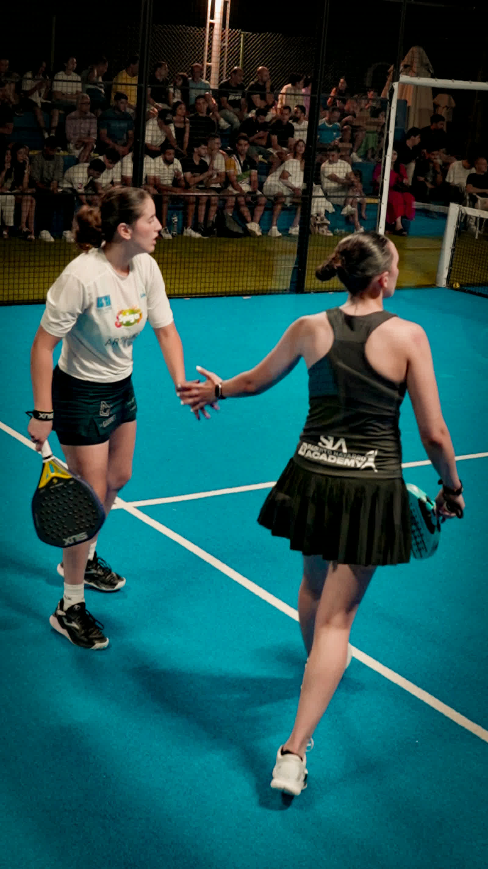 Two players meeting at the middle of the court, a full stand of spectators behind them.
